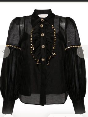 Zimmermann Black Sheer Ruffle Blouse with Gold Studs